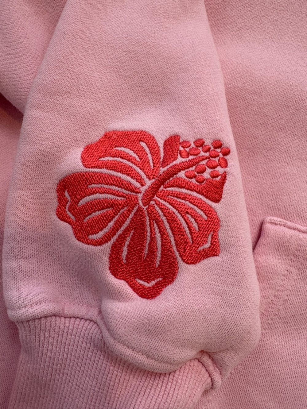 Pink Palm Puff Hooded Sweatshirt with Coral Palm & Hibiscus Embroidery - Picture 3 of 7